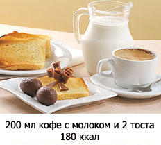 кофе с обезжиренным молоком и два бисквитных сухаря или тоста - 180 ккал