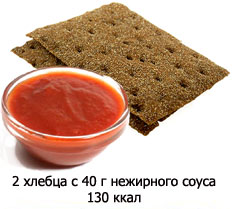 два ржаных хрустящих хлебца с 40 г нежирного острого соуса - 130 ккал