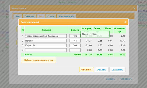 Подробное окно потреблённых калорий