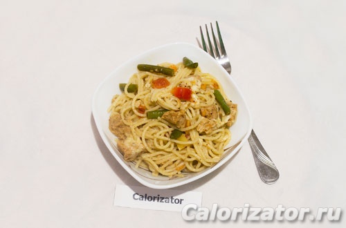 Спагетти с соевым мясом и овощами Спагетти с соевым мясом и овощами