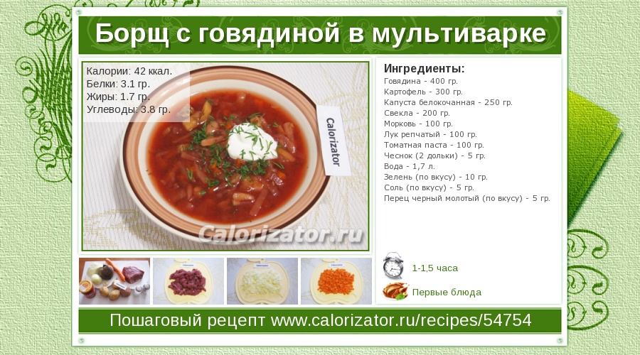 Борщ калорийность на 100 грамм с курицей